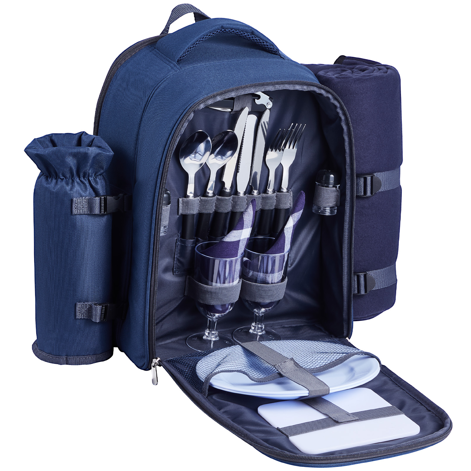 Beach Picnic Backpack Bag For 2 Person With Cooler Compartment Navy Blue_voghion.com